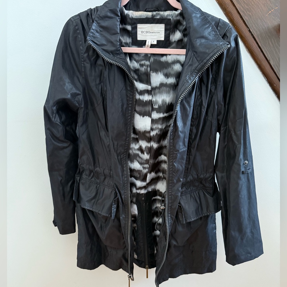 BCBGeneration shiny black anorak jacket with hood. Size small